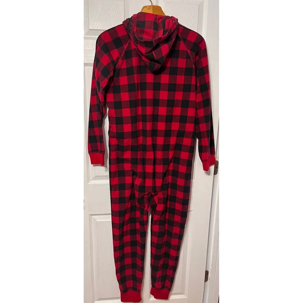 Family PJs Macys Mens M Buffalo‎ Plaid Fleece Hooded Union Suit One Piece Red